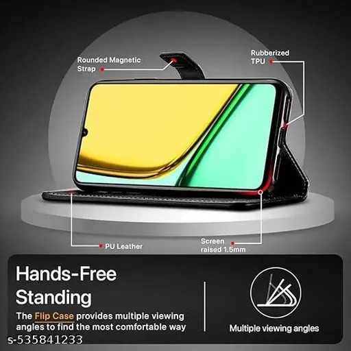 EZA Shock Proof Flip Cover Back Case Cover for Realme Narzo N61 | Realme C61 (Flexible | Leather Finish | Card Pockets Wallet & Stand | BLACK) - Image 3