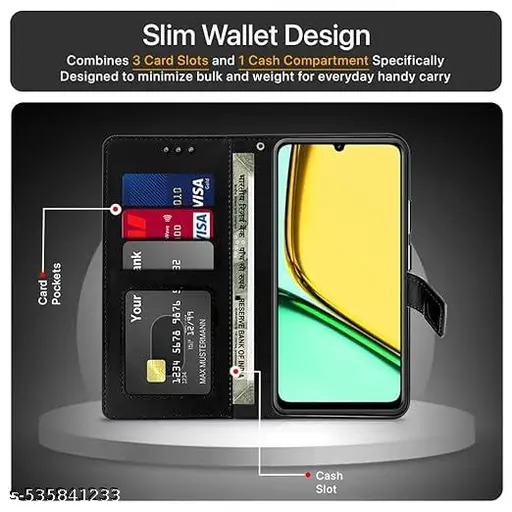 EZA Shock Proof Flip Cover Back Case Cover for Realme Narzo N61 | Realme C61 (Flexible | Leather Finish | Card Pockets Wallet & Stand | BLACK) - Image 4